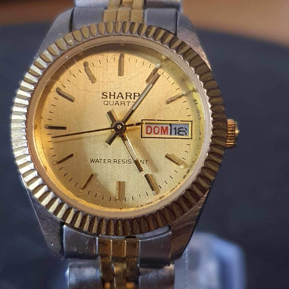 Vintage Sharp Silver/Goldtone Day/Date Stainless Steel Women's Watch